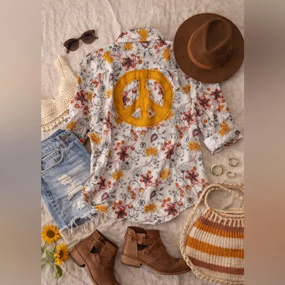 Boho Jane Floral Button Down -Size Small - Peace Sign on Back - 100% Cotton Boho - Picture 2 of 6